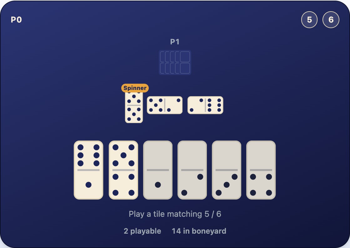 A three-tile line with open ends 5 and 6, and a hand containing 5-4 and 6-1, each matching one end