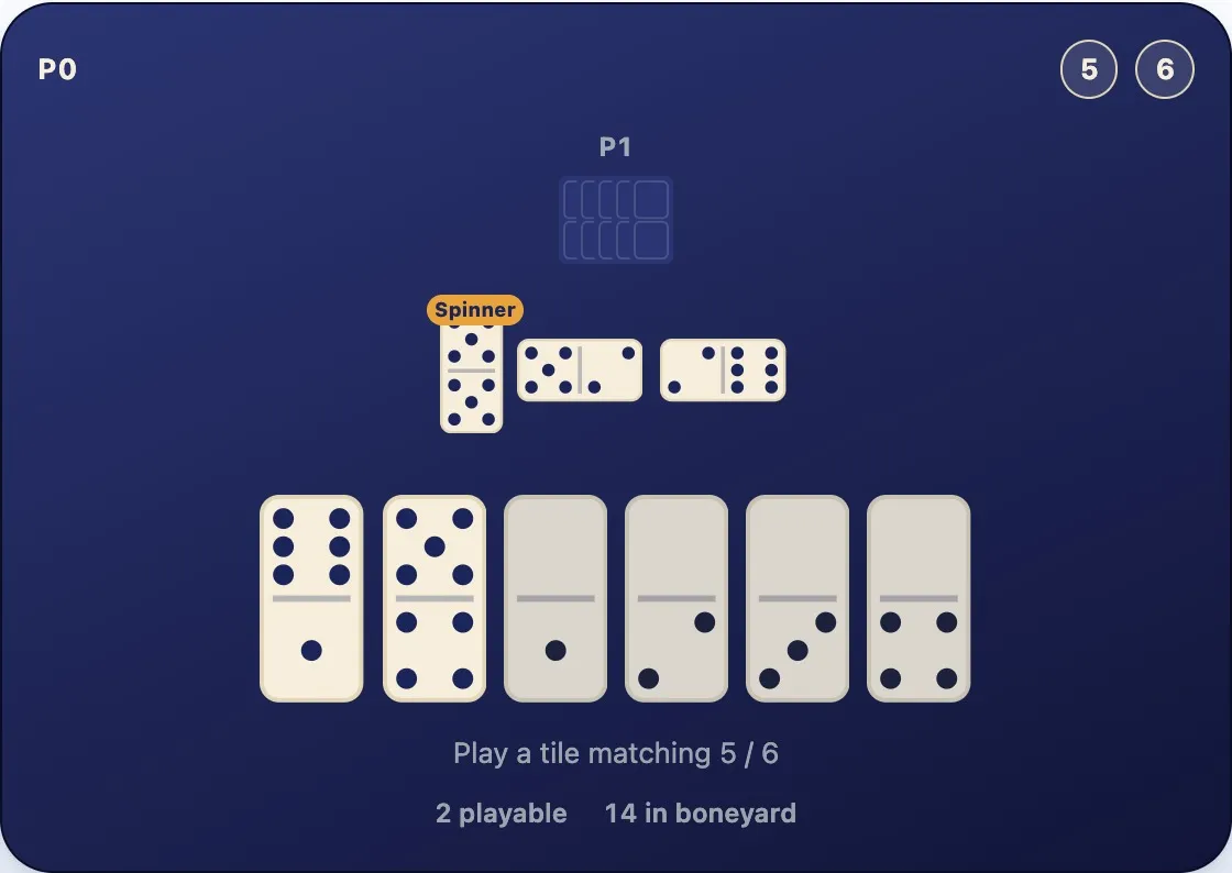 A three-tile line with open ends 5 and 6, and a hand containing 5-4 and 6-1, each matching one end