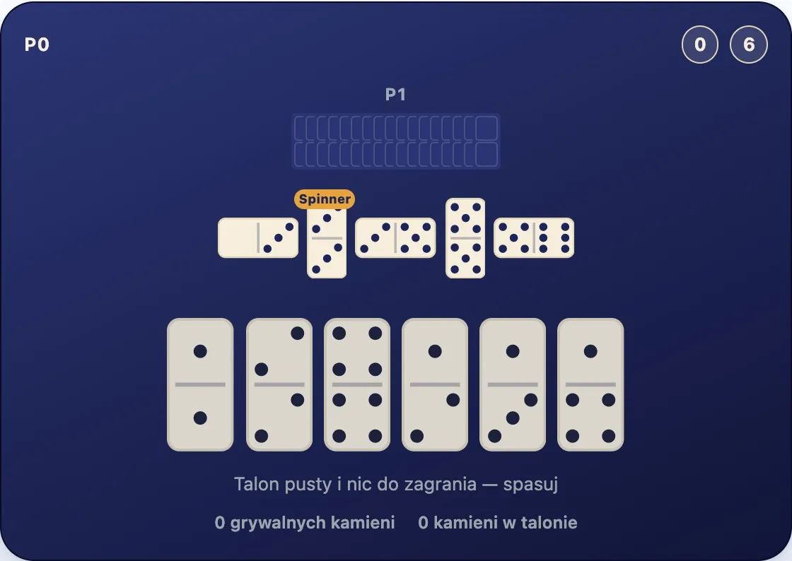 Ręka bez żadnego kamienia pasującego do otwartych końców linii 0 i 6 oraz pusty talon