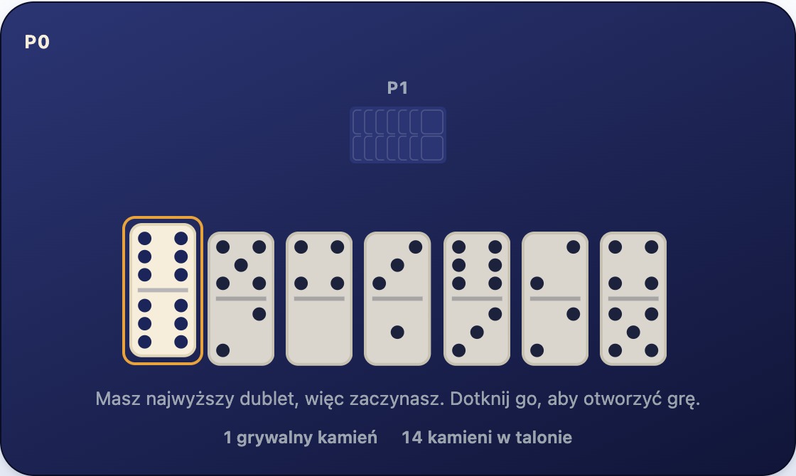 Pusta linia i ręka siedmiu kamieni z wybranym dubletem 6-6, jedynym legalnym otwierającym posunięciem