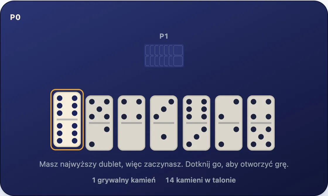 Pusta linia i ręka siedmiu kamieni z wybranym dubletem 6-6, jedynym legalnym otwierającym posunięciem
