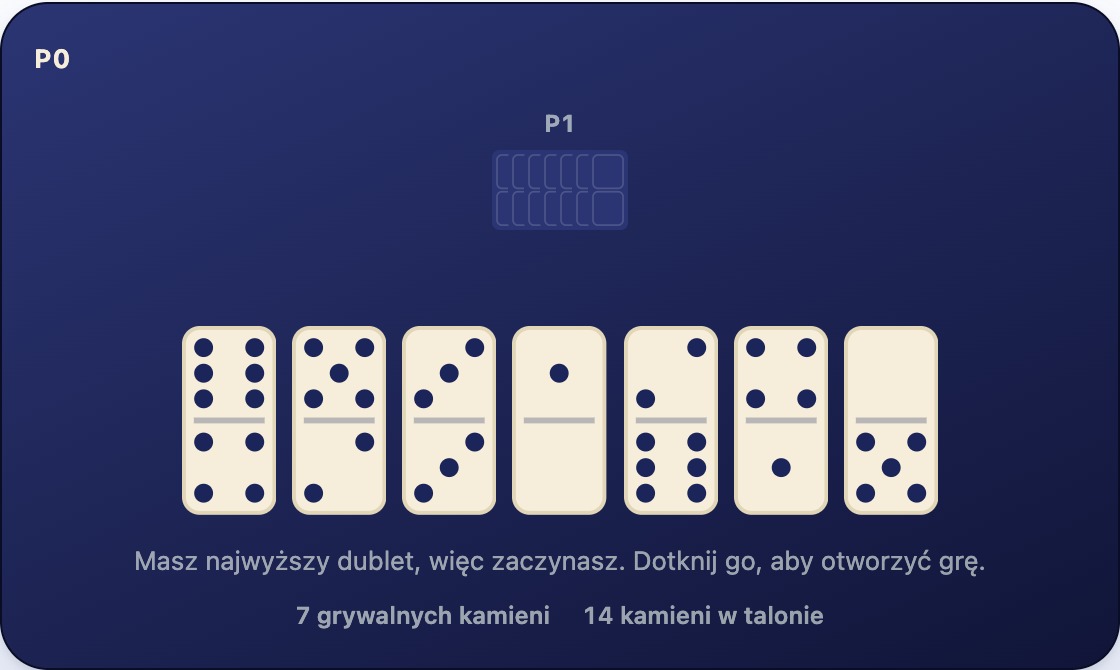 Ręka siedmiu kamieni ułożonych wachlarzem, każdy pokazuje dwie wartości oczek, wśród nich dublet 3-3