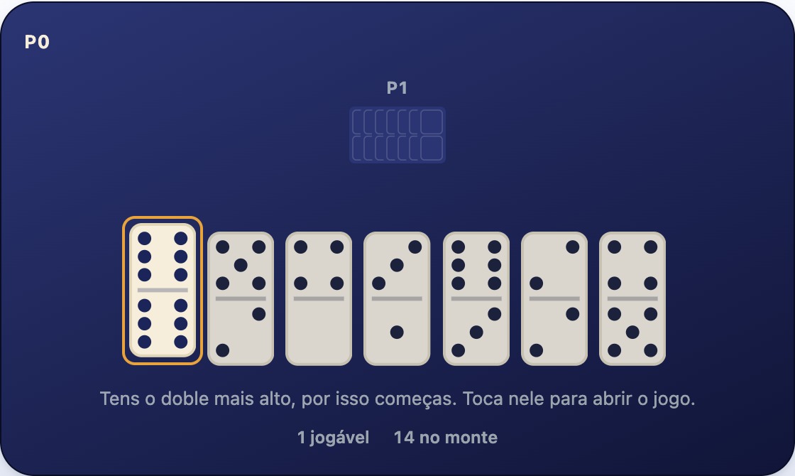 Uma fila vazia e uma mão de sete pedras com o doble 6-6 selecionado, a única jogada de abertura válida