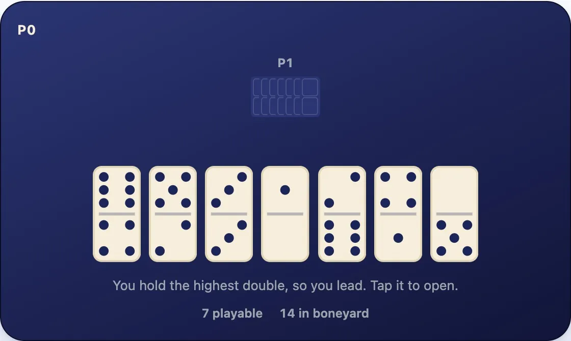 A seven-tile hand fanned out, each tile showing two pip counts, with the 3-3 double among them