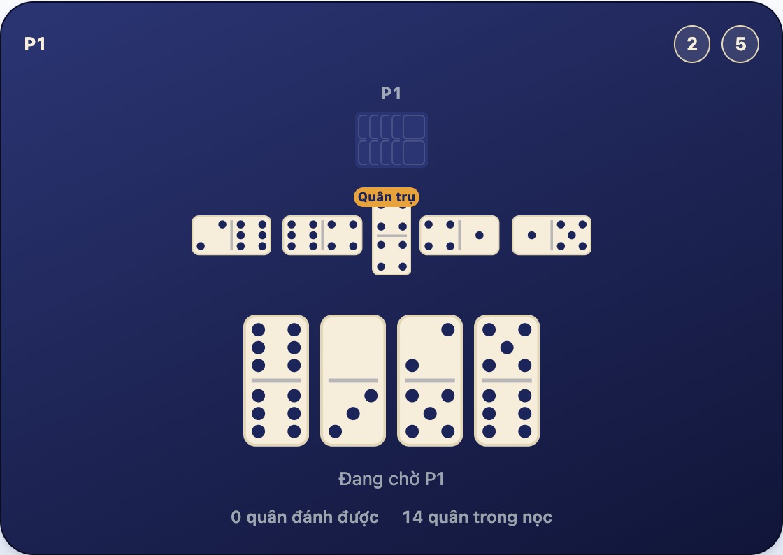 Dãy năm quân với quân đôi 4-4 nằm ngang ở giữa, hai bên đều có quân nối tiếp