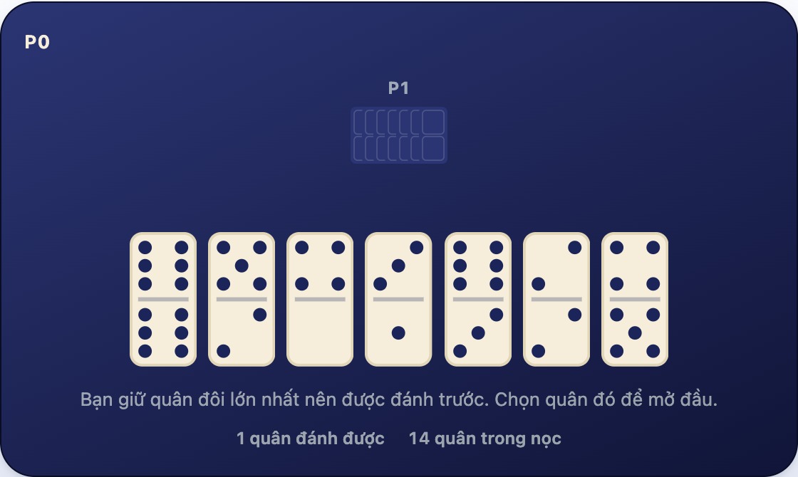 Dãy còn trống và bảy quân trên tay, quân đôi 6-6 đang được chọn — nước đi mở đầu hợp lệ duy nhất