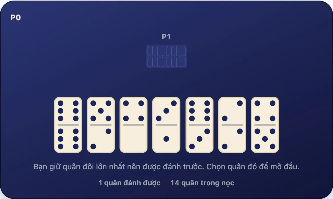 Dãy còn trống và bảy quân trên tay, quân đôi 6-6 đang được chọn — nước đi mở đầu hợp lệ duy nhất