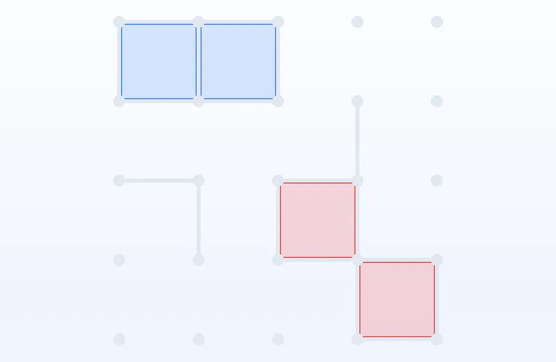 Uma grelha 4×4 de Pontos e Caixas a meio do jogo com o Azul a segurar duas caixas na zona superior esquerda e o Branco a segurar duas no canto inferior direito