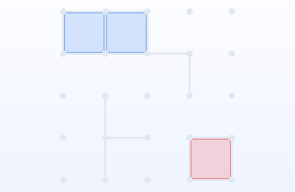 Środkowa gra na siatce 4×4, gdzie Blue ma dwa pola, a White jedno, pokazując, że wczesne wybory linii ukształtowały dostępne przestrzenie