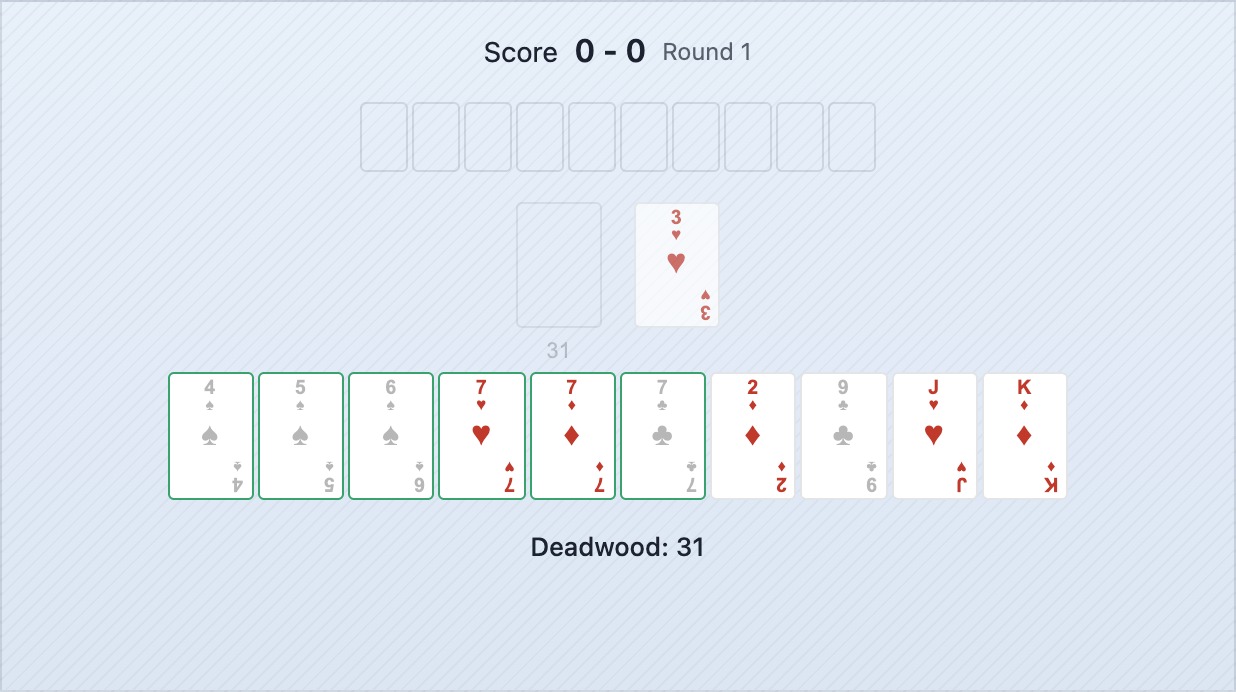 Ręka z grupą trzech siódemek i sekwencją 4-5-6 pik, z pozostałymi kartami jako luźnymi kartami