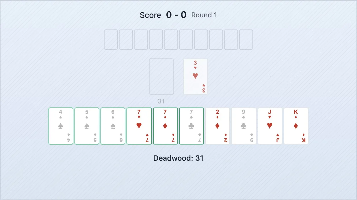 Uma mão com um grupo de três 7s e uma sequência de 4-5-6 de Espadas, com as restantes cartas como deadwood