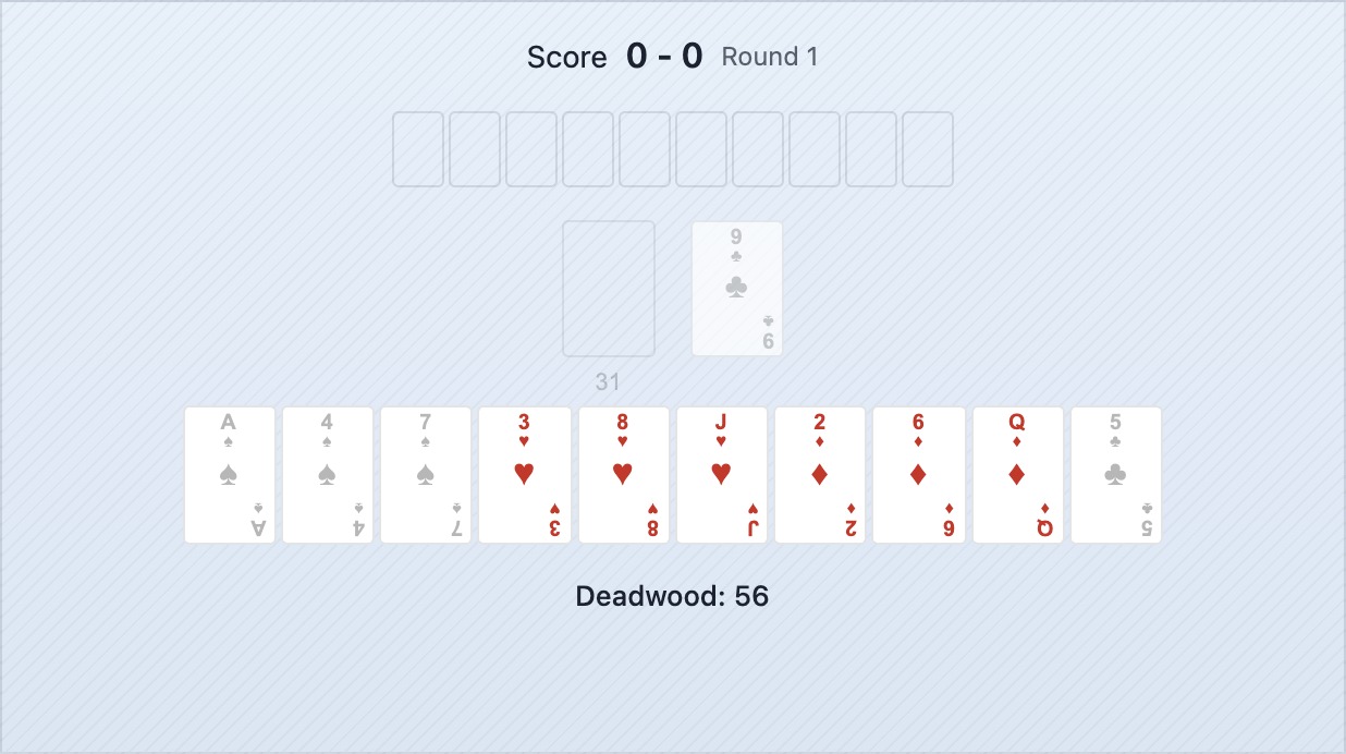 Układ planszy na początku gry w Gin Rummy — twoja ręka na dole, ręka przeciwnika zakryta na górze, stos dobierania i stos odrzuconych pośrodku