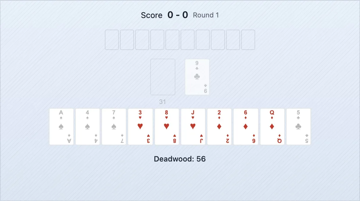 A disposição inicial de um jogo de Gin Rummy — a tua mão em baixo, a mão do adversário virada para baixo em cima, o monte de compra e a pilha de descarte ao centro