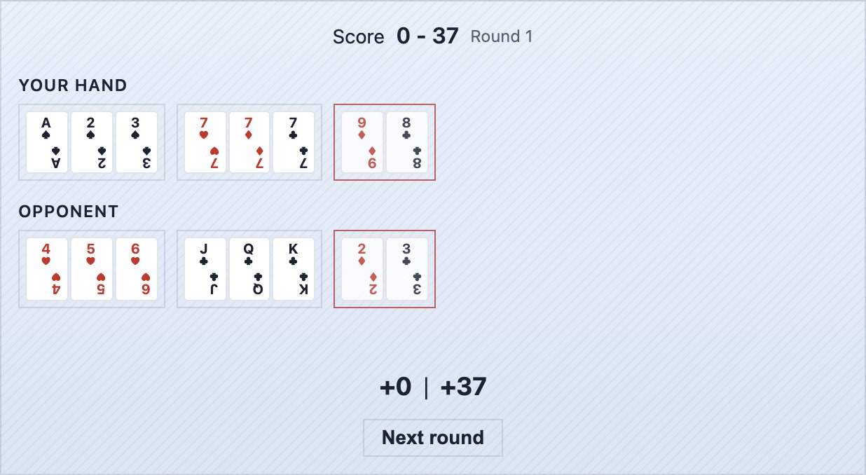 Runda zakończona podcinaniem — luźne karty obrońcy mają niższą wartość niż pukającego