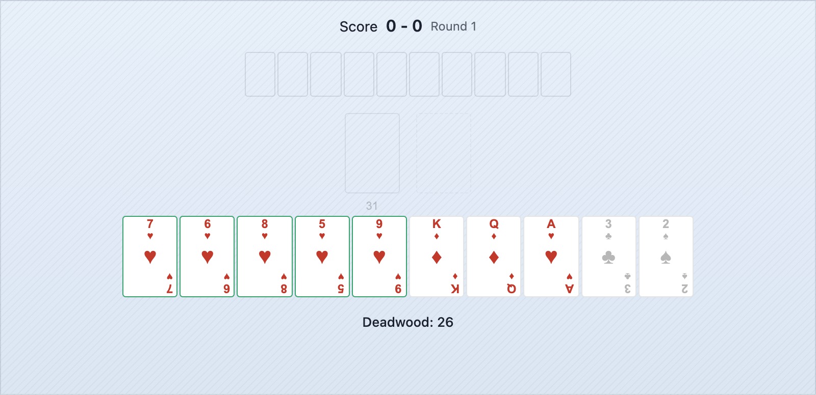 Une main de gin rummy montrant un 7 de cœur avec des flèches indiquant trois suites complètes possibles, contre un roi avec une seule possibilité de suite