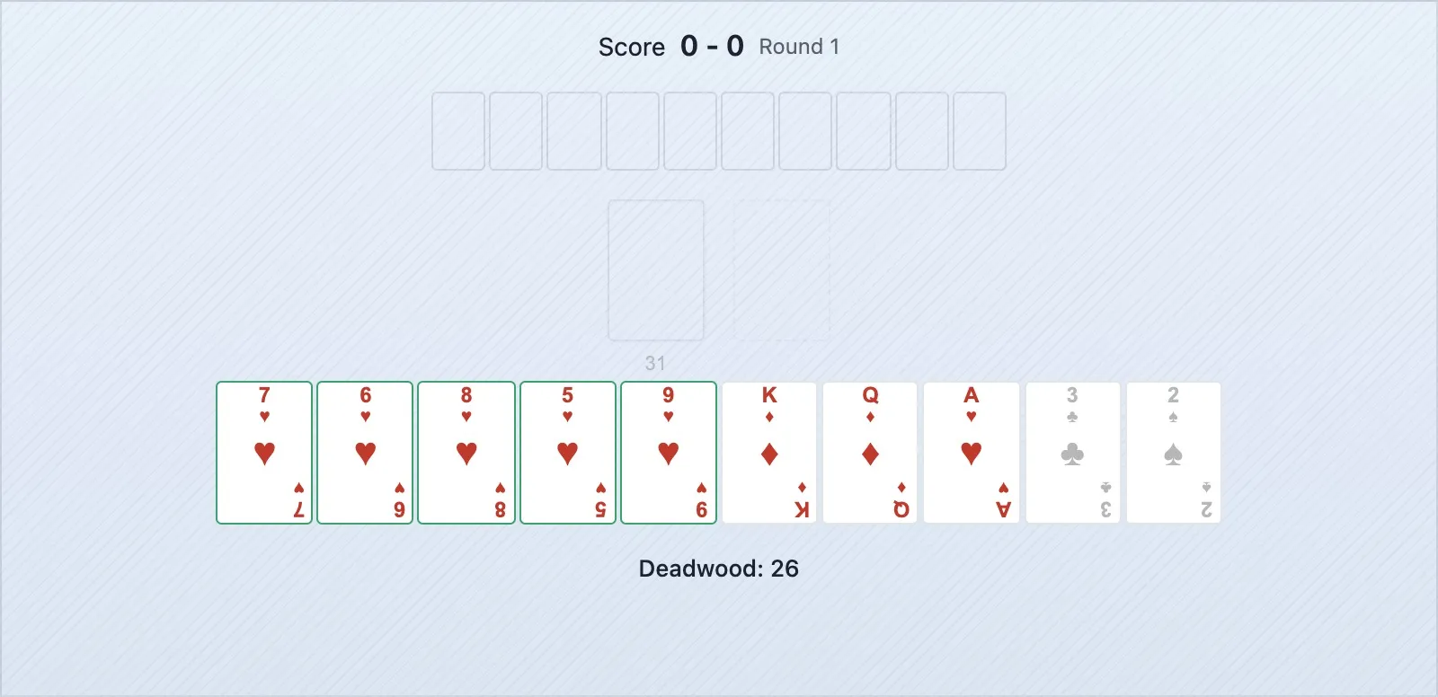Uma mão de gin rummy a mostrar um 7 de Copas com setas a indicar três possíveis sequências completas, versus um Rei com apenas uma possibilidade de sequência