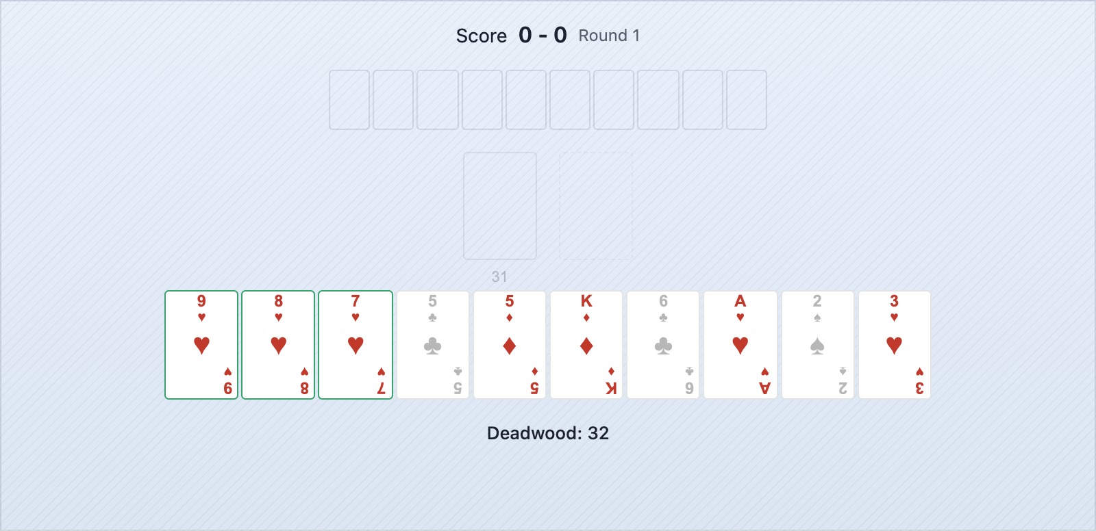 Une main de gin rummy où une carte est marquée sûre à défausser et une autre dangereuse selon l'historique des ramassages de l'adversaire