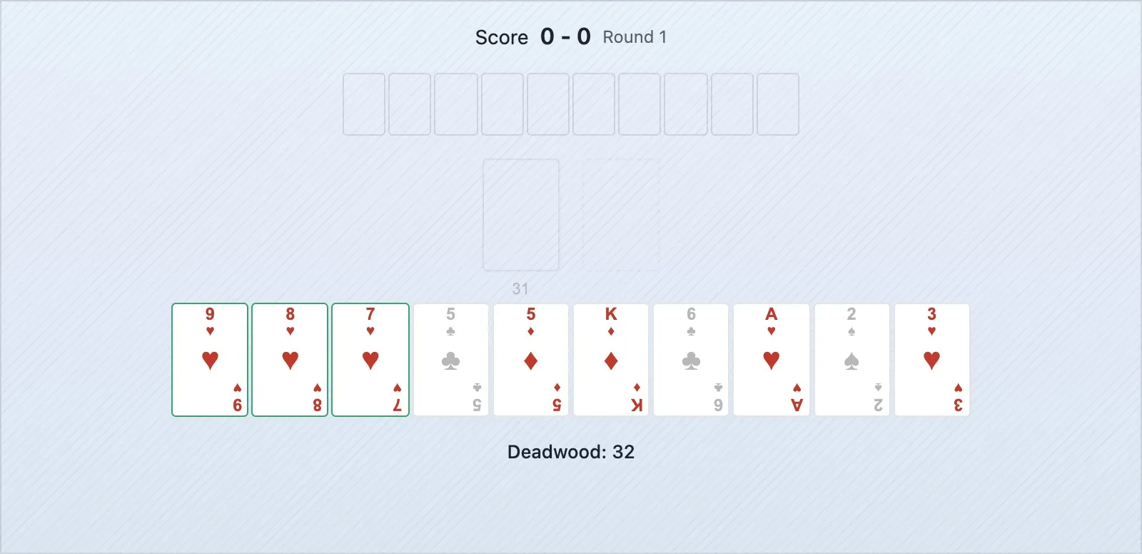 Uma mão de gin rummy onde uma carta está marcada como segura para descartar e outra como perigosa com base no historial de compras do adversário