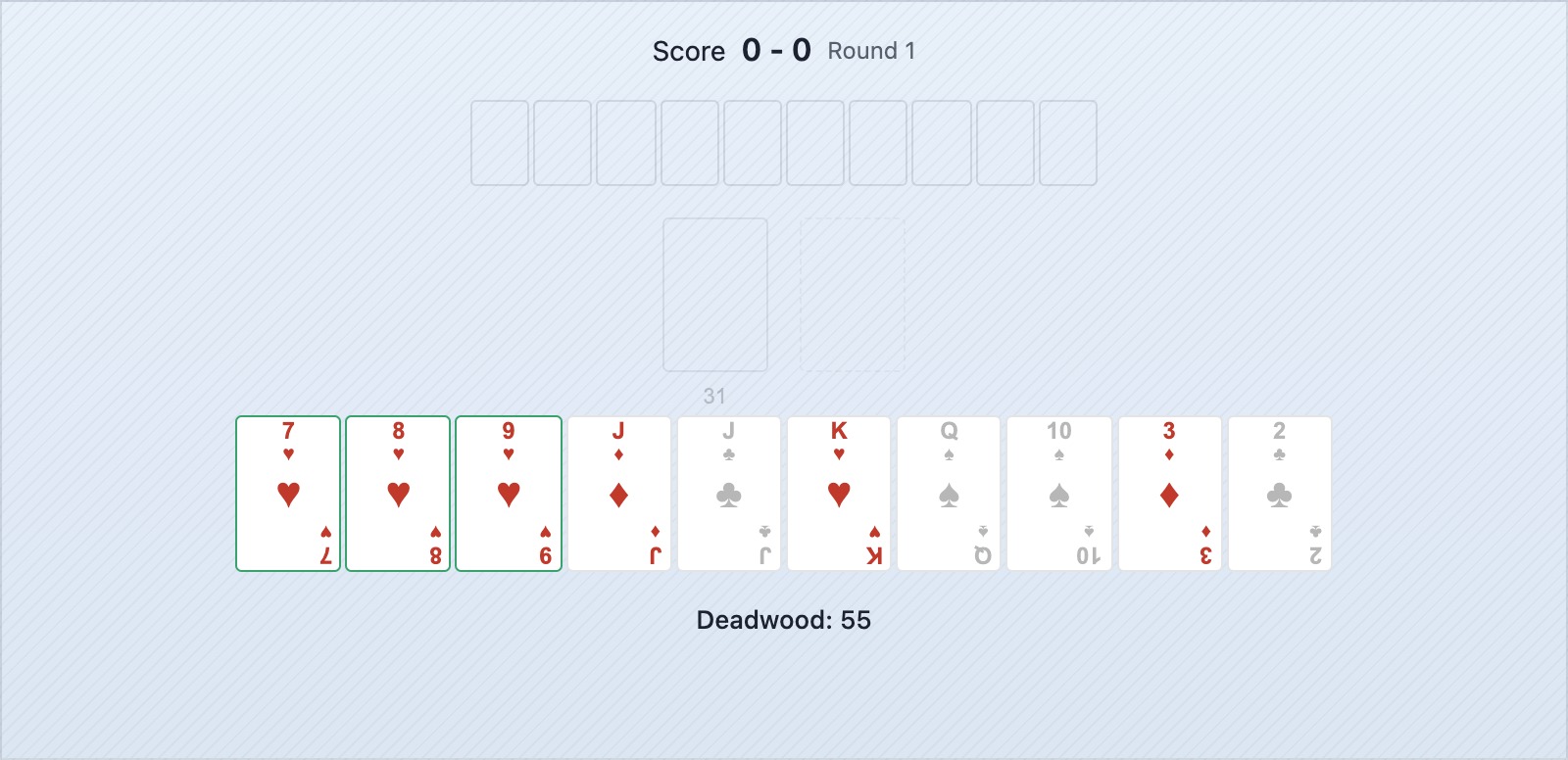 Une main d'ouverture de gin rummy montrant une suite complète, une combinaison partielle et trois cartes isolées de grande valeur en points morts