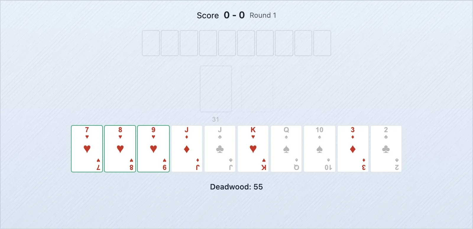 Uma mão inicial de gin rummy a mostrar uma sequência completa, uma combinação de grupo parcial e três cartas de deadwood altas isoladas