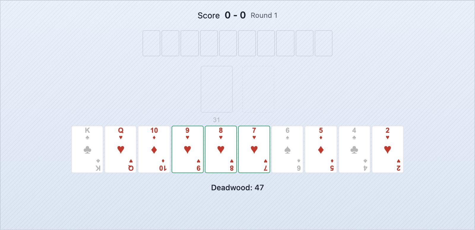 Une main de gin rummy où les trois cartes de plus haute valeur en points morts — roi, dame, dix — sont mises en évidence comme les premières à défausser