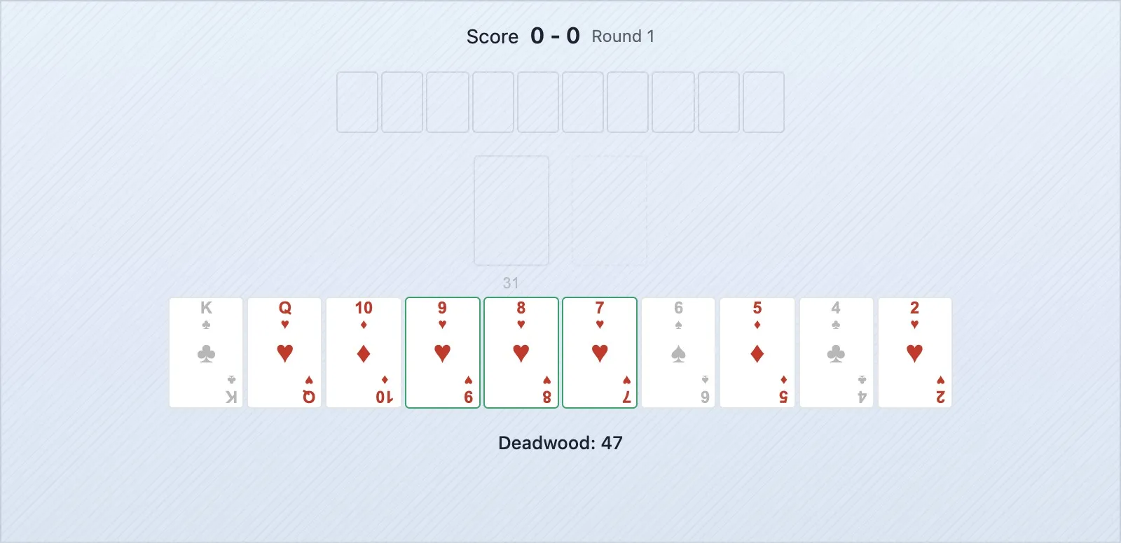 Uma mão de gin rummy onde as três cartas de deadwood de maior valor — Rei, Dama, 10 — estão em destaque como as primeiras a descartar
