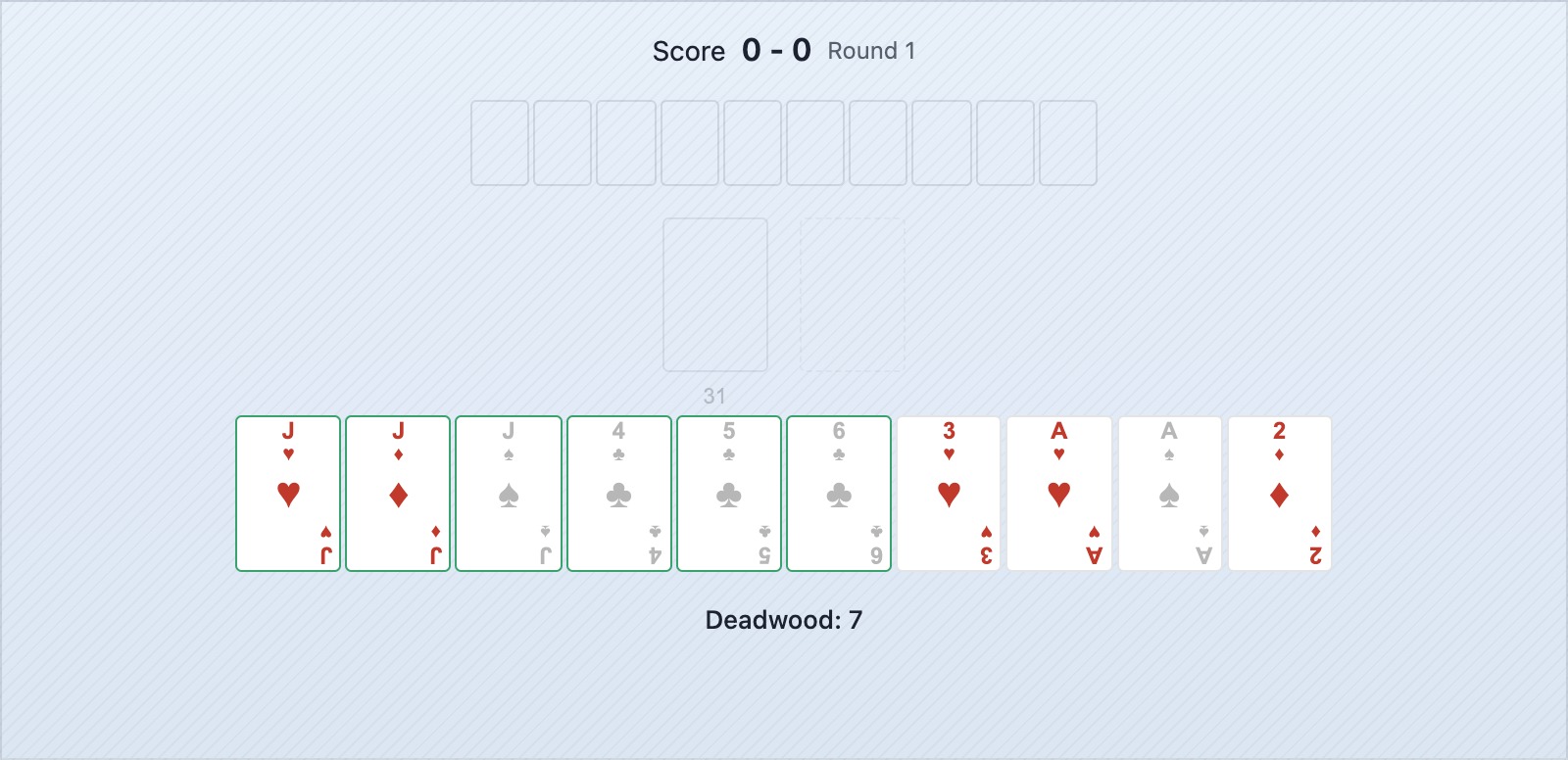 Une main de gin rummy avec deux combinaisons complètes et trois cartes de faible valeur en points morts totalisant 5 points — une situation idéale pour annoncer