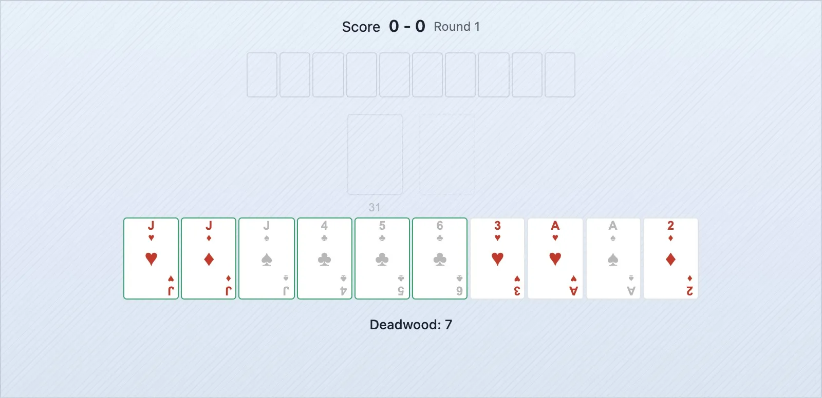 Uma mão de gin rummy com duas combinações completas e três cartas de deadwood de baixo valor totalizando 5 pontos — uma situação ideal para bater