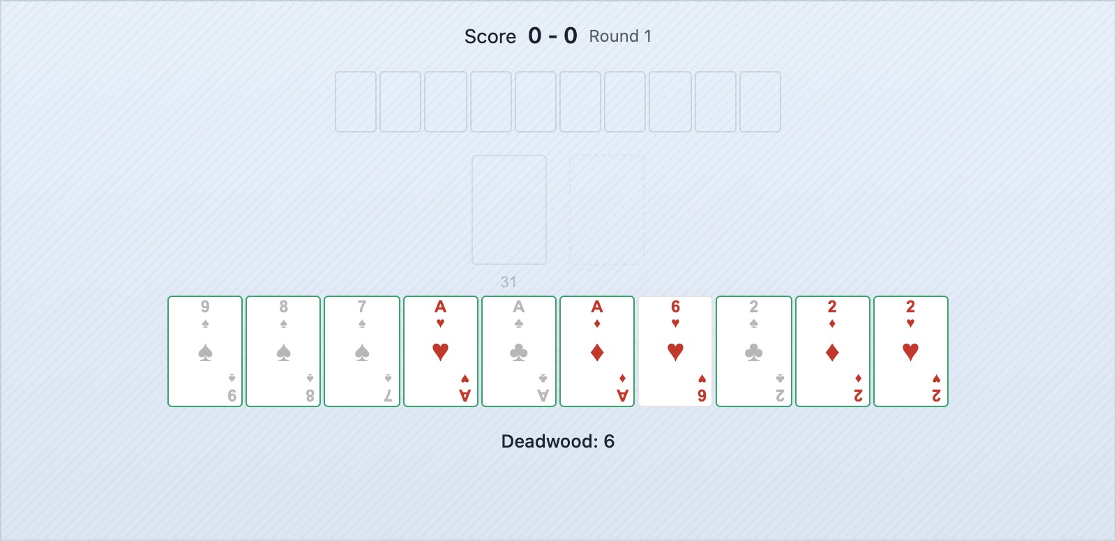 Une position de fin de partie au gin rummy avec un petit talon restant et un joueur positionné pour annoncer au prochain tour