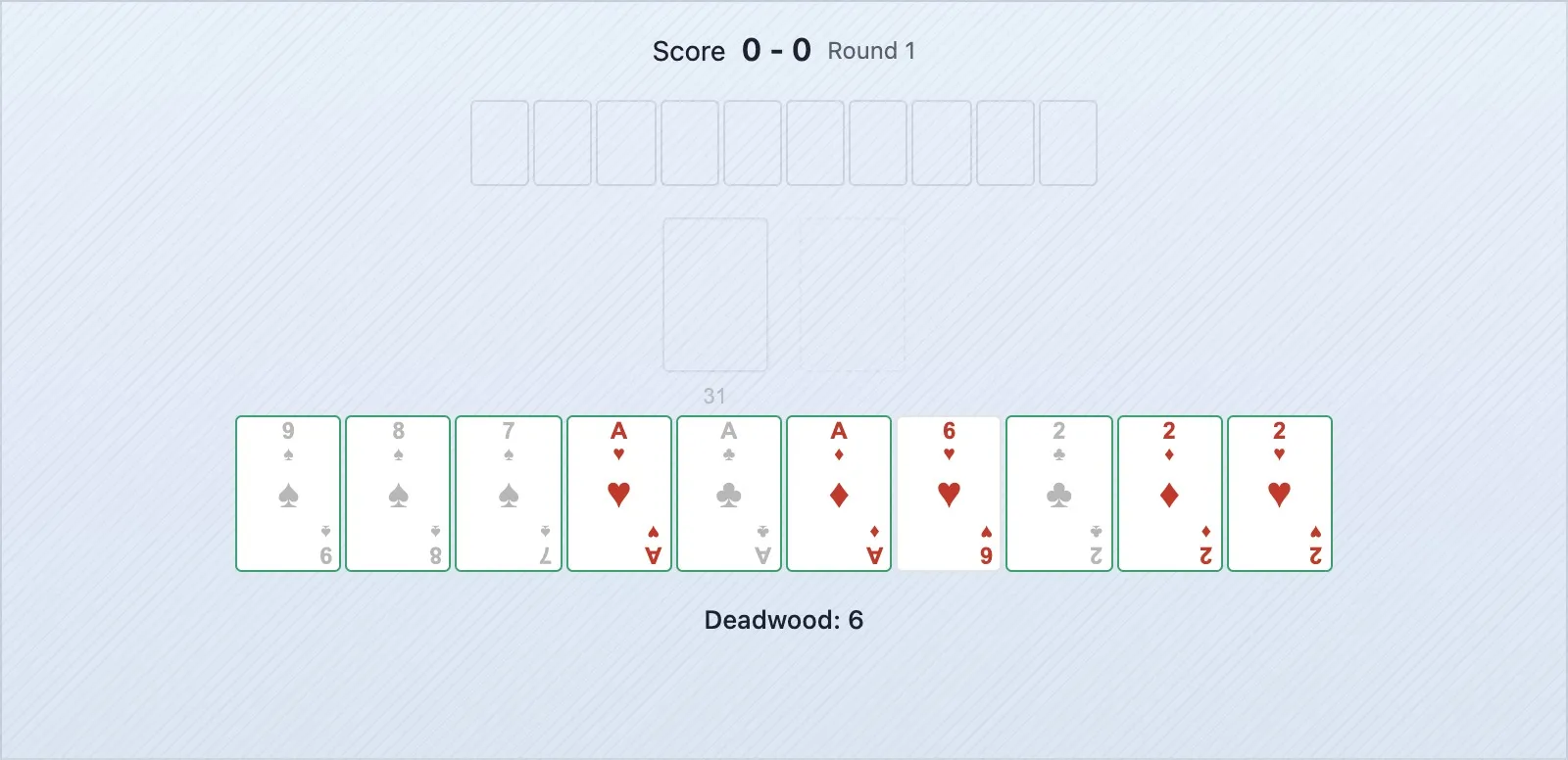 Uma posição de gin rummy no final do jogo com um monte de compra pequeno e um jogador posicionado para bater na próxima jogada