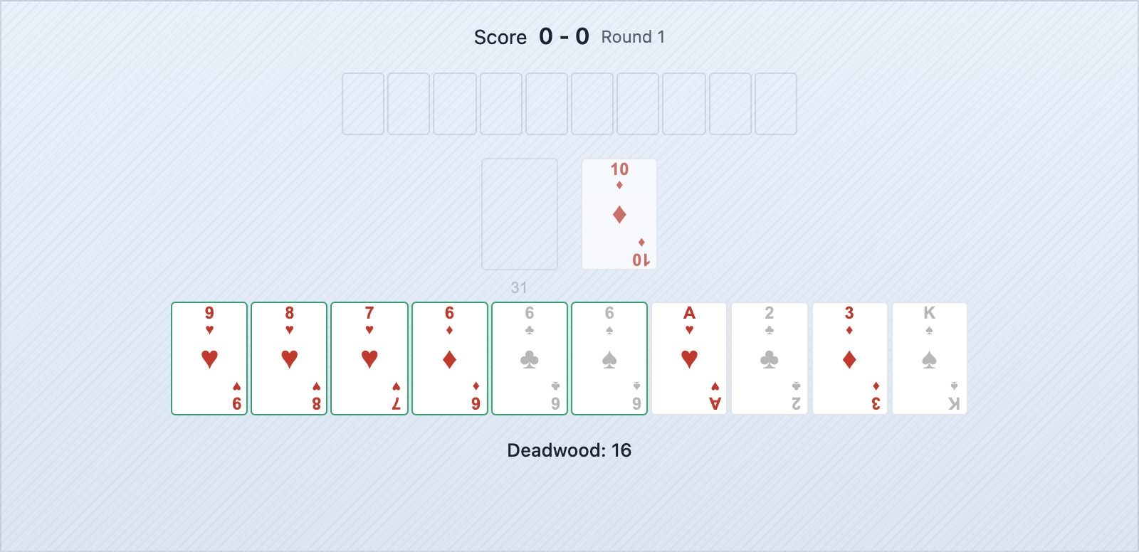 Une défausse de gin rummy montrant un schéma — trois cartes de grande valeur défaussées par un adversaire qui construit probablement des combinaisons de basses cartes