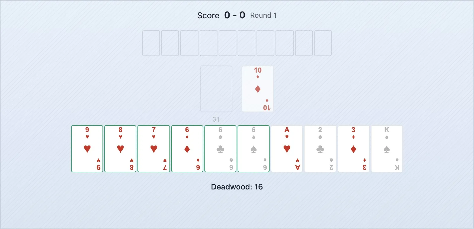 Uma pilha de descarte de gin rummy a mostrar um padrão — três cartas de alto valor descartadas por um adversário que provavelmente está a construir combinações de cartas baixas