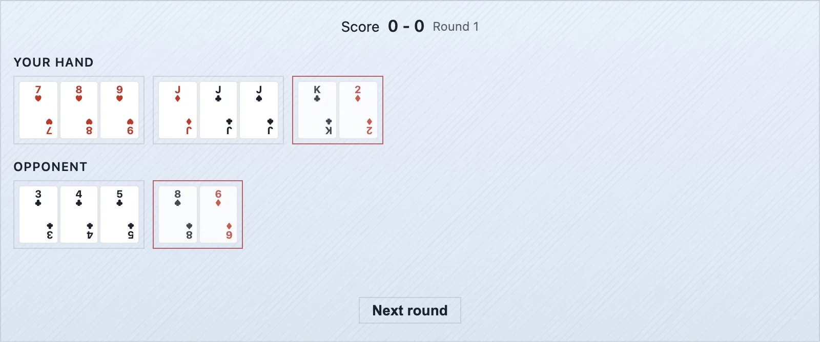 Um cenário de undercut no gin rummy — quem bateu revela duas combinações e 8 de deadwood, o adversário pousa duas cartas e supera a batida
