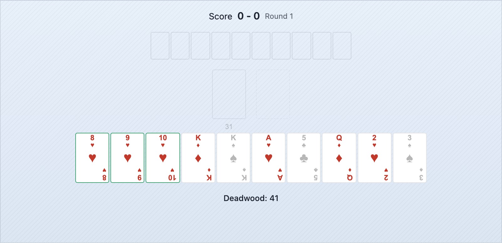 Une main d'ouverture de gin rummy triée en une suite complète, un groupe partiel et trois cartes hautes en points morts