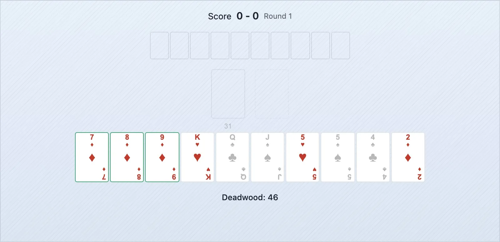Uma mão de gin rummy com três cartas isoladas de alto valor em destaque — os primeiros descartes corretos