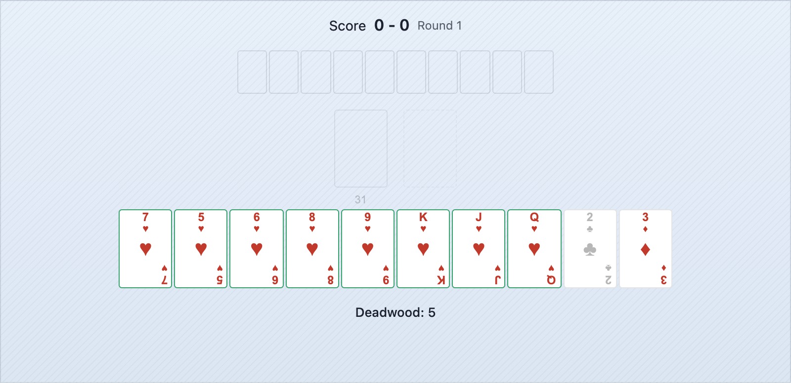 Une main de gin rummy montrant le 7 de cœur et les trois suites qu'il pourrait compléter, comparé au roi de cœur avec un seul chemin de suite