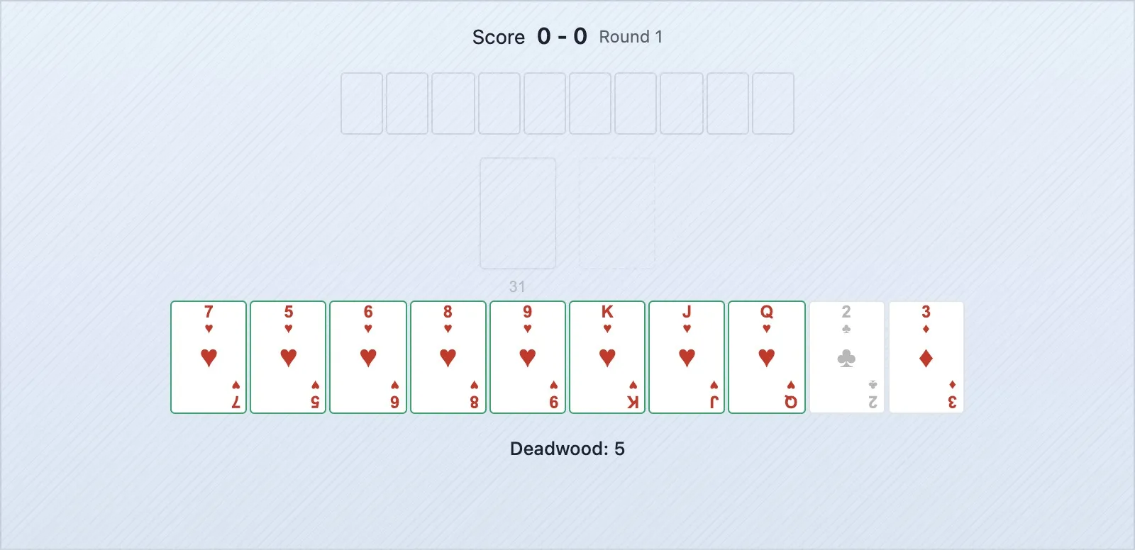 Uma mão de gin rummy a mostrar o 7 de Copas e as três sequências que poderia completar, em comparação com o Rei de Copas com apenas um caminho de sequência
