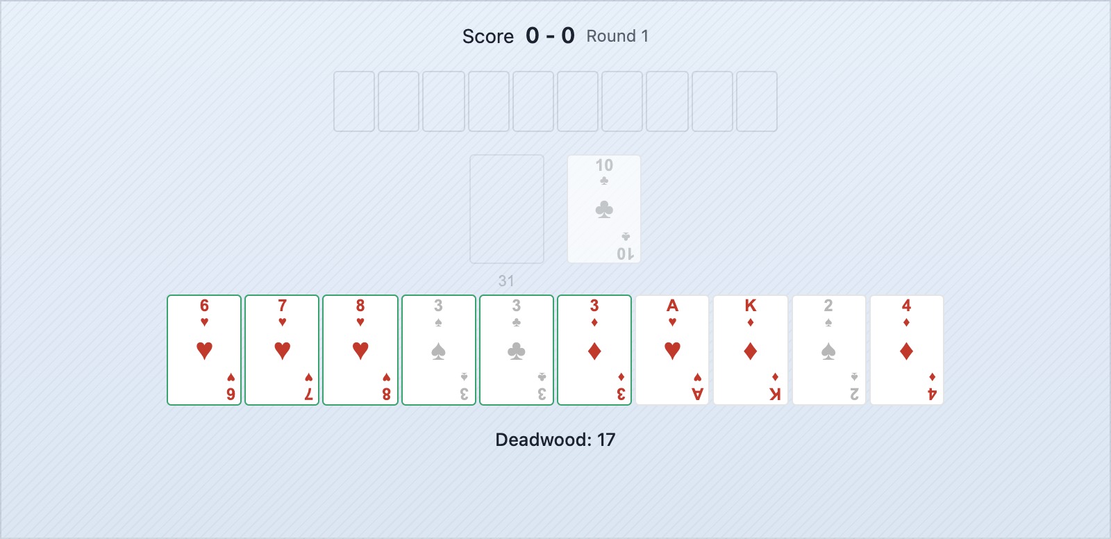Une défausse montrant quatre cartes de grande valeur défaussées par l'adversaire — signalant qu'il construit des combinaisons basses