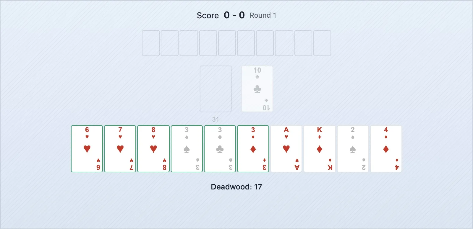 Uma pilha de descarte a mostrar quatro cartas de alto valor descartadas pelo adversário — a sinalizar que está a construir combinações baixas