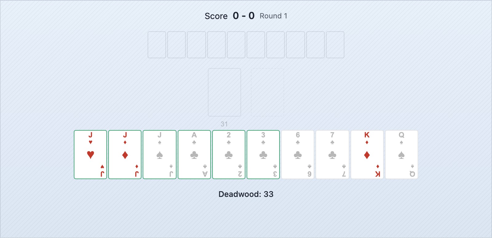 Une position de gin rummy où l'adversaire vient de ramasser le 8 de trèfle dans la défausse, signalant une suite de trèfle ou un groupe de 8