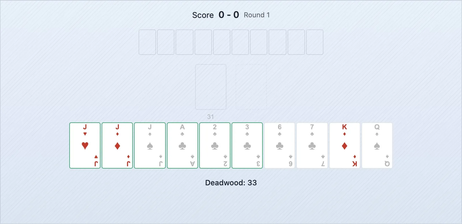 Uma posição de gin rummy onde o adversário acabou de apanhar o 8 de Paus da pilha de descarte, sinalizando uma sequência de Paus ou um grupo de 8s
