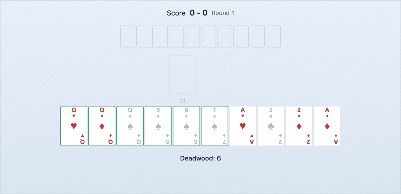Une main de gin rummy avec deux combinaisons complètes et trois cartes de faible valeur en points morts — total 5 points — prête à annoncer