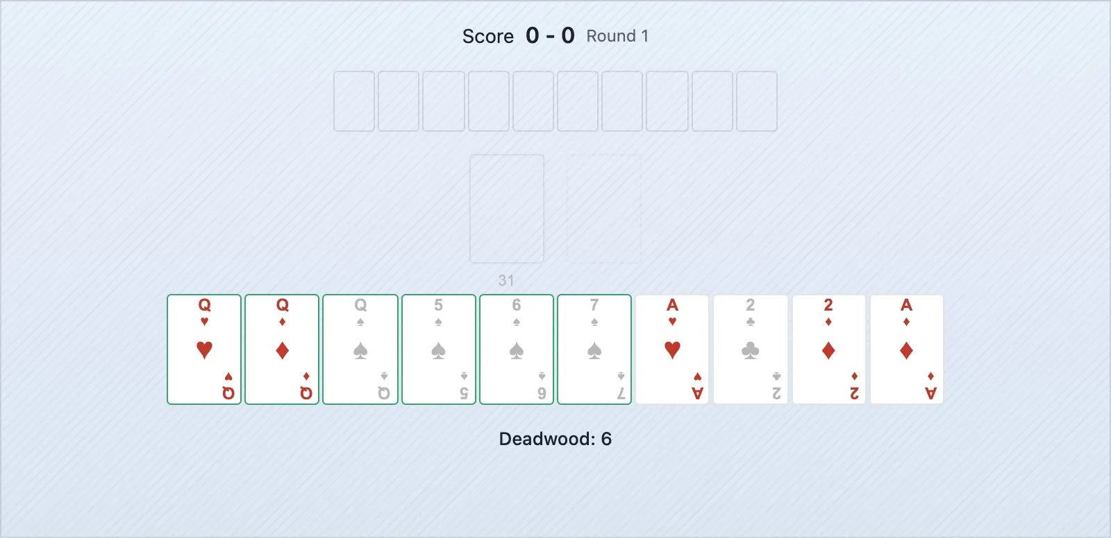 Uma mão de gin rummy com duas combinações completas e três cartas de deadwood de baixo valor — total de 5 pontos — pronta para bater
