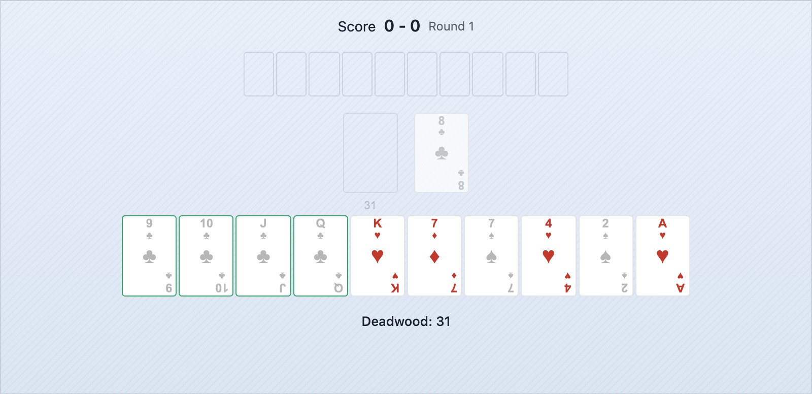 Une position de gin rummy où piocher dans la défausse compléterait une combinaison — le seul cas où le ramassage est justifié