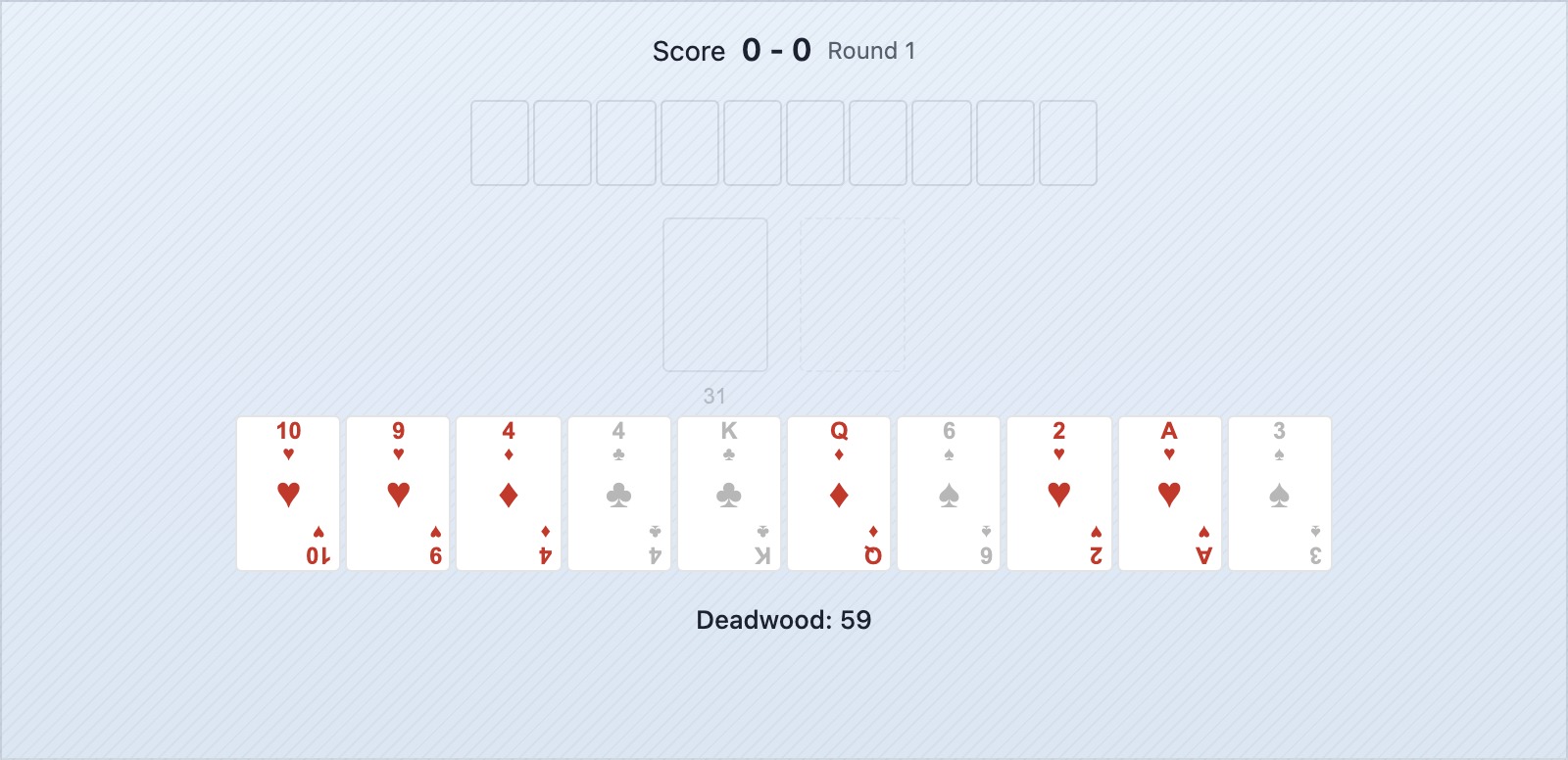 Une main de gin rummy avec deux combinaisons partielles distinctes se développant simultanément — une paire et une suite à deux cartes