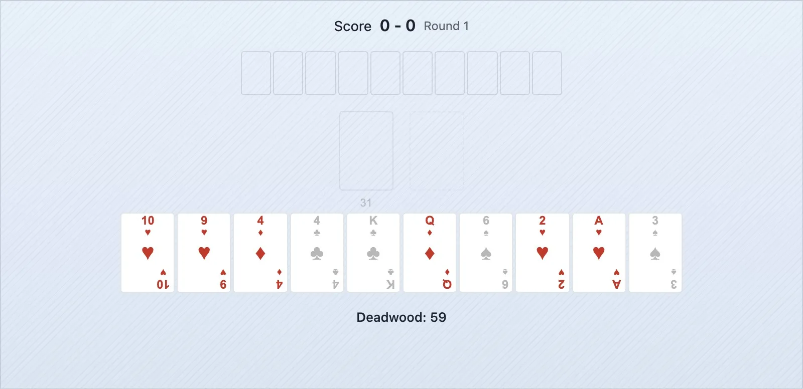 Uma mão de gin rummy com duas combinações parciais separadas a desenvolver-se simultaneamente — um par e uma sequência de duas cartas