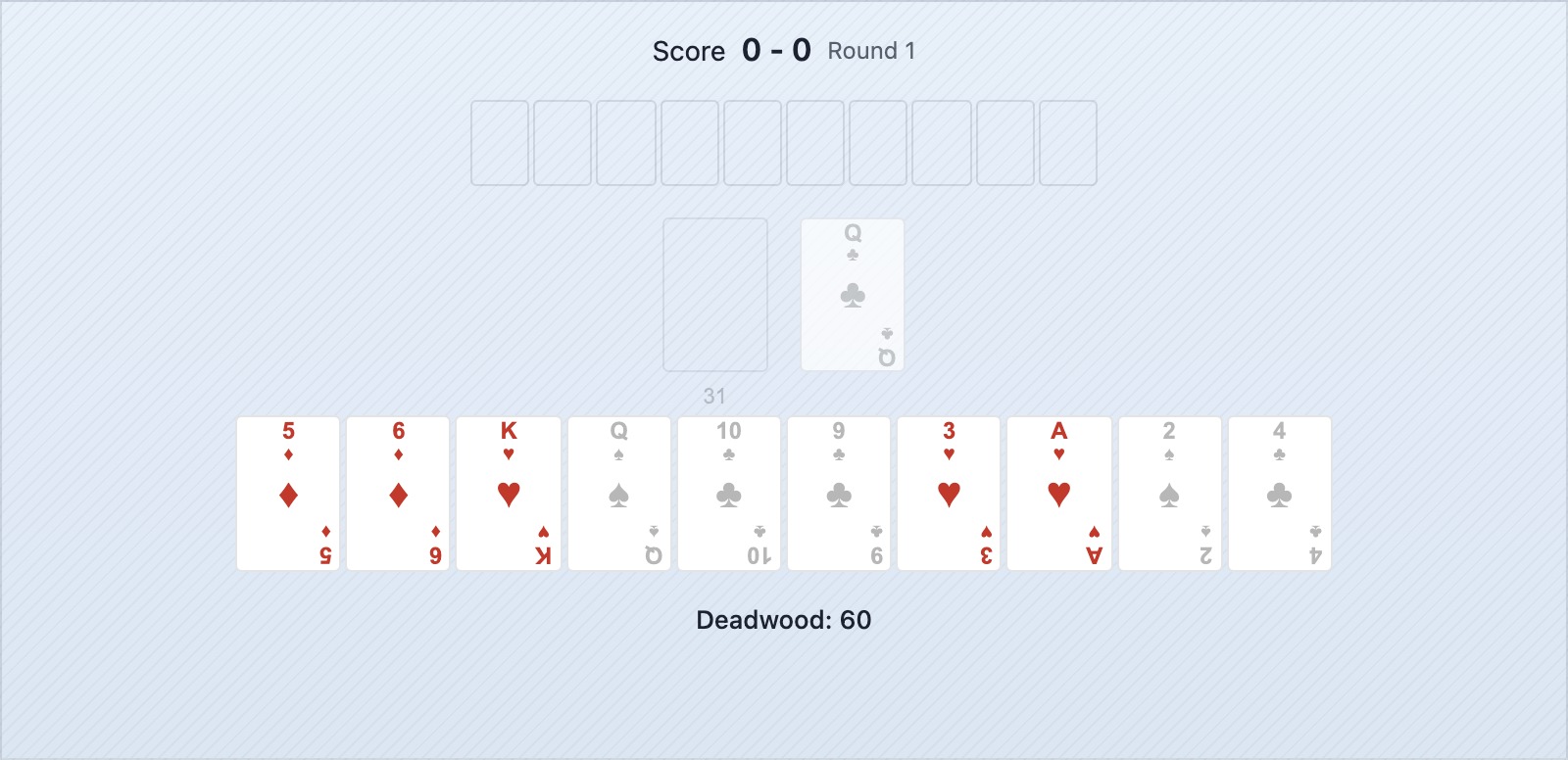 Une main de gin rummy où une carte clé nécessaire pour compléter une combinaison partielle est visible dans la défausse — le partiel devrait être décomposé