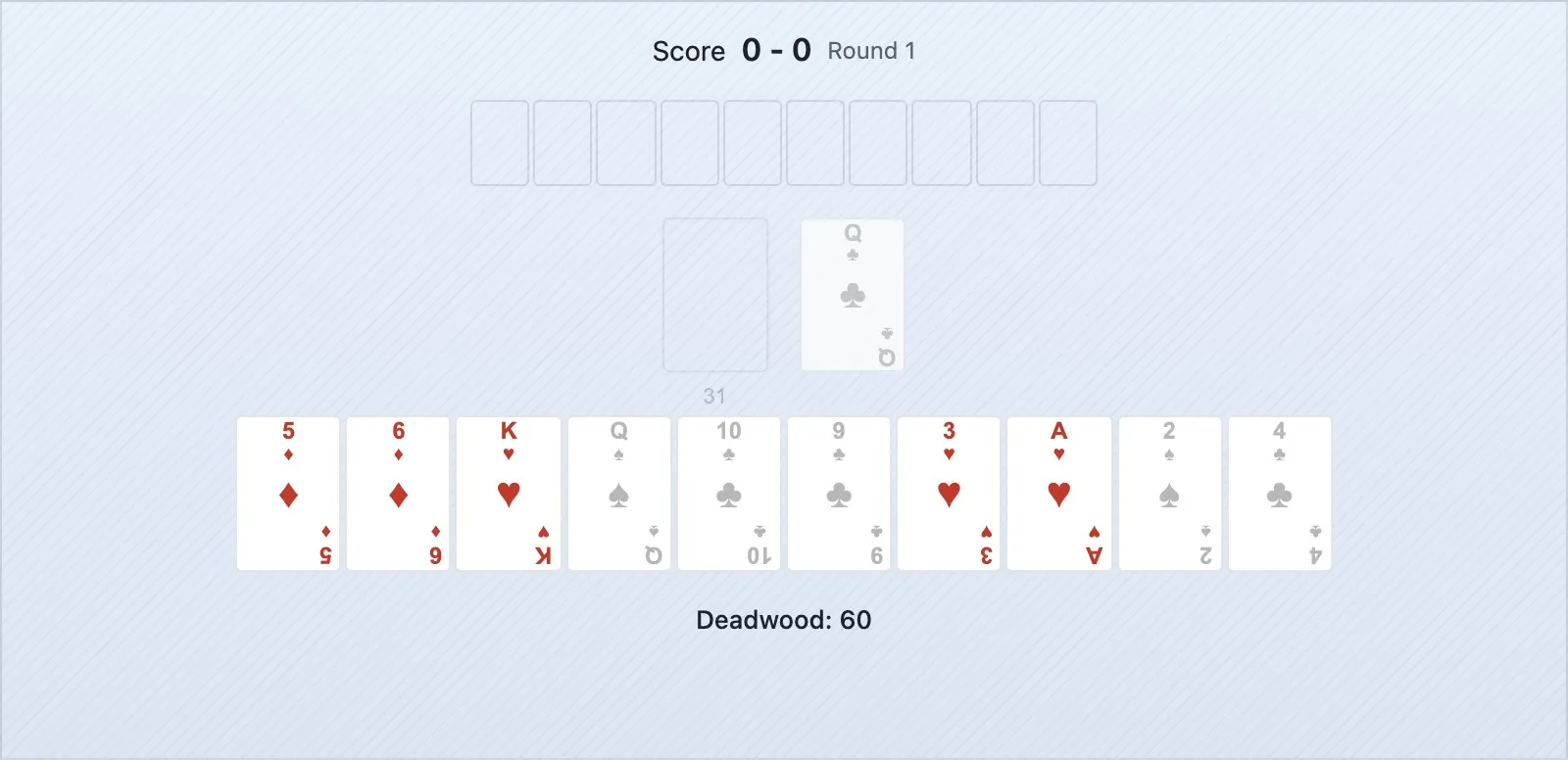 Uma mão de gin rummy onde uma carta essencial para completar uma combinação parcial é visível na pilha de descarte — a parcial deve ser desmontada