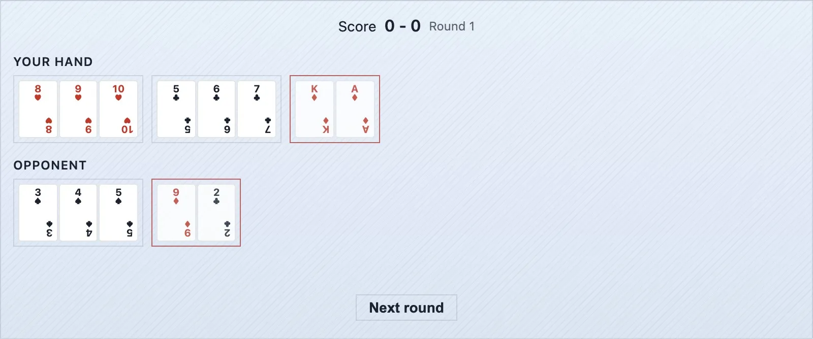 Um cenário de undercut no gin rummy — quem bateu tem 9 de deadwood, o adversário pousa duas cartas na combinação de quem bateu e supera-o