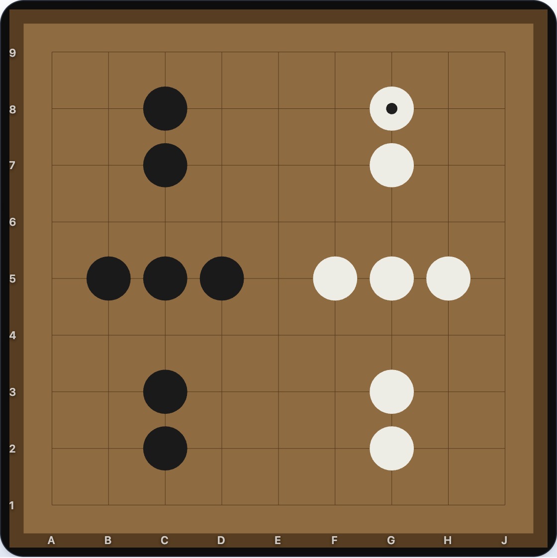 A completed 9x9 Go game with Black and White stones dividing the board, each colour surrounding its own enclosed territory
